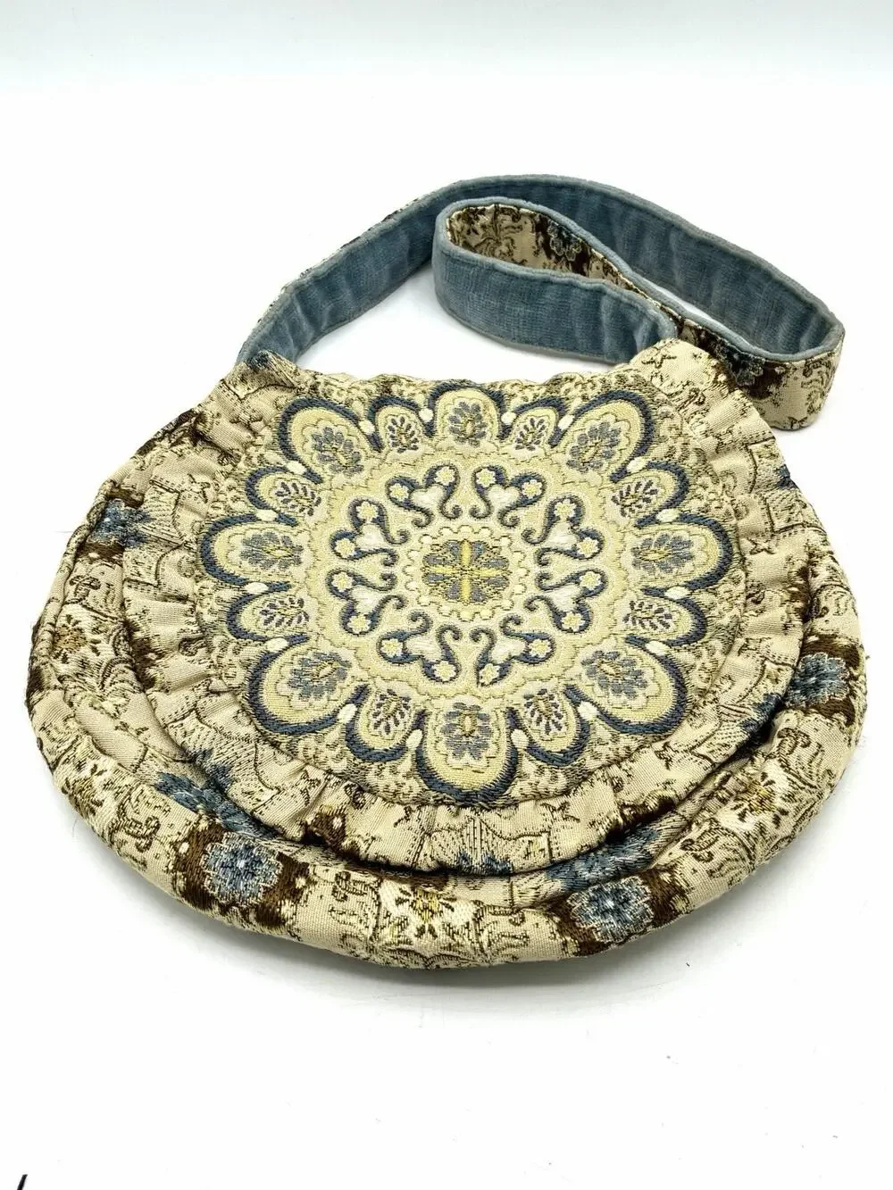 Vintage Tapestry Shoulder Bag Blue Velvet Strap Floral Medallion Boho Purse